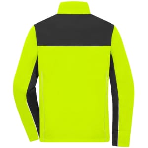 A softshell jacket in high visibility yellow and black, featuring a collar and a logo on the back.