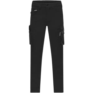 Workwear pants in black, featuring a streamlined design and multiple pockets. Includes a logo on the garment.