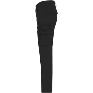 Black work pants featuring a slim fit and multiple side pockets. Includes a logo on the waistband.