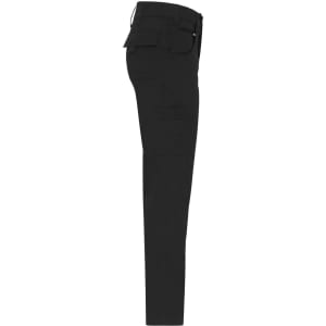 A pair of black work pants with a slim fit and cargo pockets, featuring a logo on the back.
