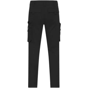 Black work pants featuring multiple cargo pockets and a fitted design, with a visible logo on the back.