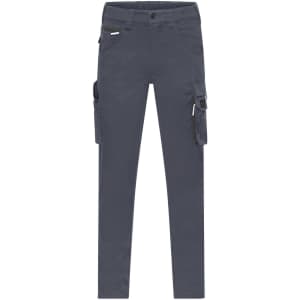 Light grey work pants featuring cargo pockets and a branded logo.
