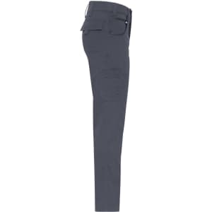 A pair of grey work pants features a slim fit and side pockets, with a logo on the waistband.