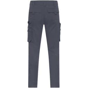 Light grey work pants featuring multiple side pockets and a fitted design, with a logo present on the fabric.