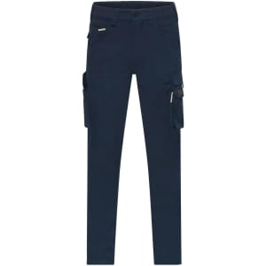 Work pants in navy blue, featuring multiple pockets and a fitted design. Includes a logo on the waistband.