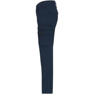 Workwear pants in navy blue with multiple pockets and a fitted design. Features a logo on the side.