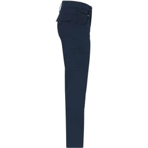 A pair of navy work pants with pockets, featuring a sleek design and a branded logo.