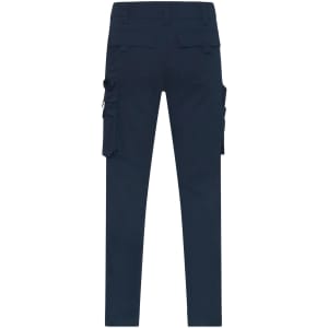 Workwear pants in navy blue with multiple side pockets and a fitted design. Features a branding logo.