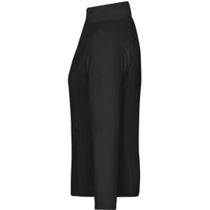 A black Ladies Stretchfleece Jacket with a high neck and a side zip pocket, featuring a logo.