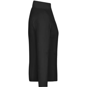 A black Ladies Stretchfleece Jacket with a high collar and a fitted design, featuring a logo.