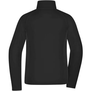 A black ladies stretch fleece jacket with a high collar and long sleeves, featuring a logo on the back.