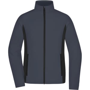 A stretch fleece jacket in navy blue with black side panels and a zip front, featuring a logo.