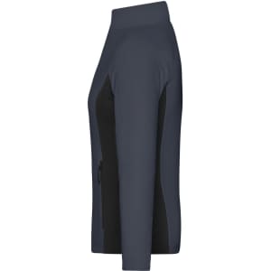 A ladies' stretch fleece jacket in navy with black panels, featuring a zip closure and a logo on the chest.