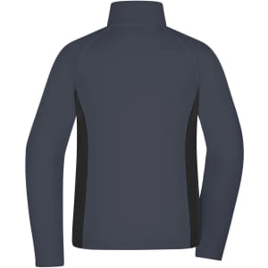 A dark navy stretch fleece jacket featuring black side panels and a high collar. It has a logo on the back.