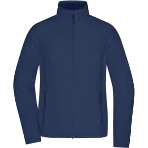 A navy stretch fleece jacket with a front zip and two side pockets, featuring a logo.