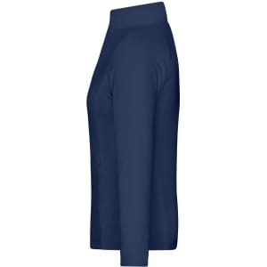 A ladies' stretch fleece jacket in navy, featuring a fitted design and a side view. It has a logo.