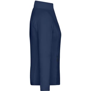 A navy ladies stretch fleece jacket with a high collar and a fitted design, featuring a logo on the side.