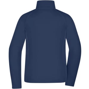 A navy ladies stretch fleece jacket with a high neck and long sleeves, featuring a logo on the back.
