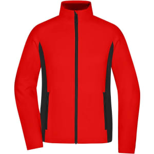 A red and black Ladies Stretchfleece Jacket with a front zip and side pockets, featuring a logo.