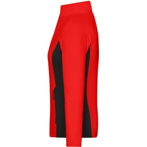 A red and black ladies stretch fleece jacket with a fitted design and a logo.