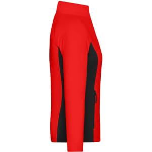 A red and black Ladies Stretchfleece Jacket featuring a zippered pocket and a raised collar. It includes a logo.