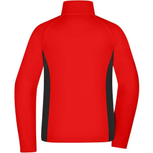 A red and black ladies stretch fleece jacket featuring a high collar and long sleeves, with a logo.
