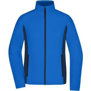 A blue and navy stretch fleece jacket with a full zip and stand-up collar, featuring side pockets and a logo.