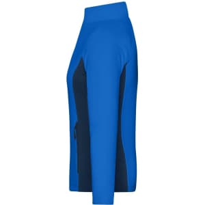 A blue and navy stretch fleece jacket with a high collar and side pockets, featuring a logo.