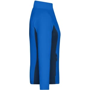 A blue and navy stretch fleece jacket with a zipper pocket, featuring a logo on the front.