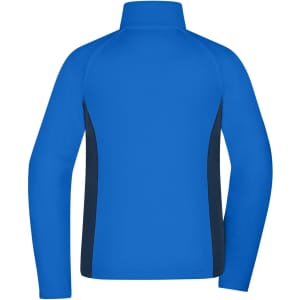 A blue and navy ladies stretchfleece jacket with a high collar and long sleeves, featuring a logo.