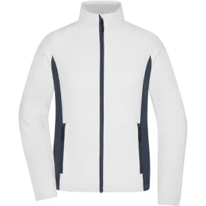 A ladies stretch fleece jacket in white with navy accents, featuring a full zip and side pockets.