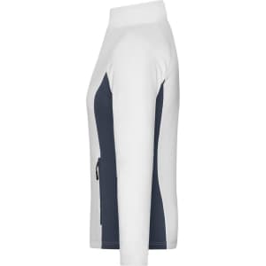 A white and navy blue Ladies Stretchfleece Jacket featuring a zip pocket and a modern fit.