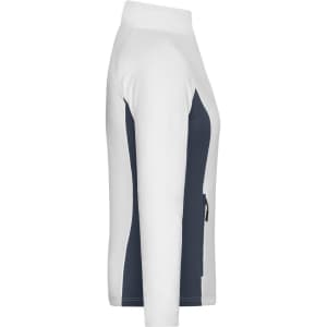 A side view of a women's stretch fleece jacket in white and navy, featuring a pocket and logo.