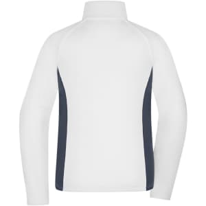A white ladies stretch fleece jacket with navy side panels and a high collar. It features a logo on the back.