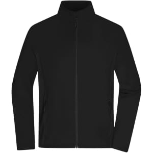 A black men's stretch fleece jacket featuring a full zip, long sleeves, and side pockets. It has a logo on it.