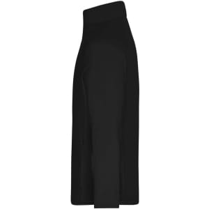 A side view of a men's stretch fleece jacket in black, featuring a high collar and zippered pockets. It has a logo.