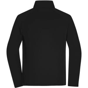 A black men's stretch fleece jacket featuring a high collar and long sleeves, with a logo on the back.