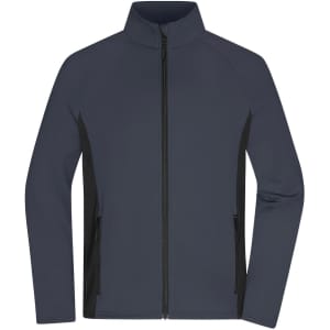 A mens stretch fleece jacket in navy with black side panels and a full zip front. It features two zipped pockets.