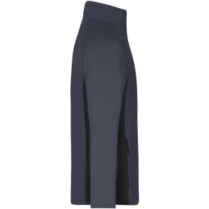 A side view of a men's stretch fleece jacket in navy blue with black detailing and a logo.