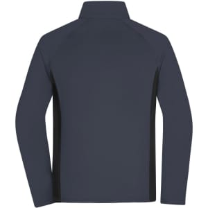 A men's stretch fleece jacket in navy with black side panels, featuring a high collar and long sleeves.
