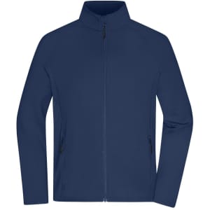 A men's stretch fleece jacket in navy blue with a full zip and side pockets, featuring a logo.