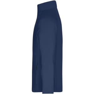 A men's stretch fleece jacket in navy blue, featuring a sleek, high collar and a side zip pocket, with branding visible.