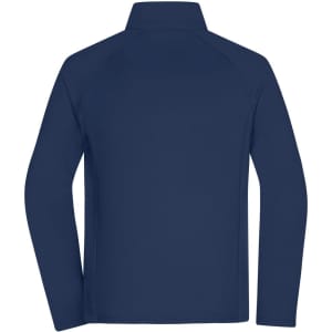 A navy blue men's stretch fleece jacket with a high collar and long sleeves. It features a logo on the back.