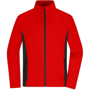 A red and black men's stretch fleece jacket with a zip front and side pockets. It features a logo on the chest.
