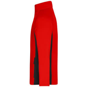 A red men's stretch fleece jacket with a black side panel and a high collar. It features a logo.