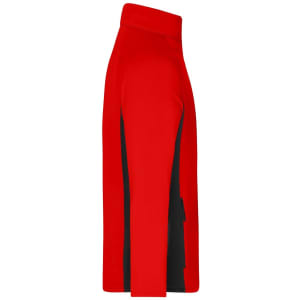 A side view of a red and black men's stretch fleece jacket featuring a high collar and a logo.