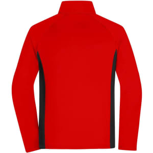 A men's stretch fleece jacket in red with black side panels, designed with a high collar and long sleeves.