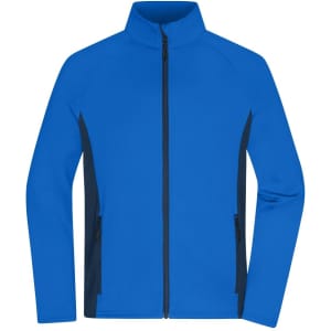 A blue and navy stretch fleece jacket with a front zip and side pockets. Features a logo on the upper chest.