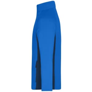 A blue mens stretch fleece jacket, featuring a side view and contrasting black panels. It has a logo on the front.