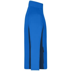 A blue men's stretch fleece jacket with black side panels, featuring a high collar and a branding logo.